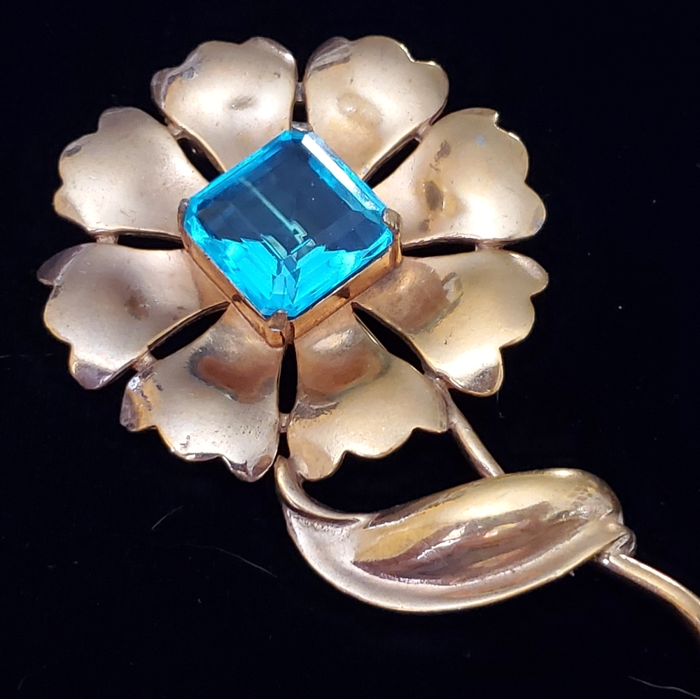 Huge Plated Aqua Glass Daisy Brooch Coat Lapel Vintage Floral Jewelry
